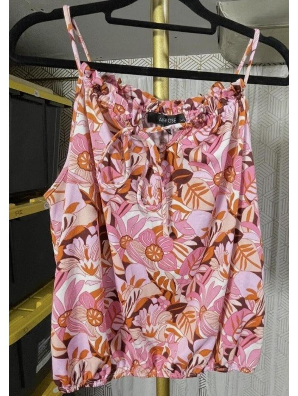 Ava Rose Retro Floral Boho Tank Ruffle Tie Front Neck Sz L Elastic Hem